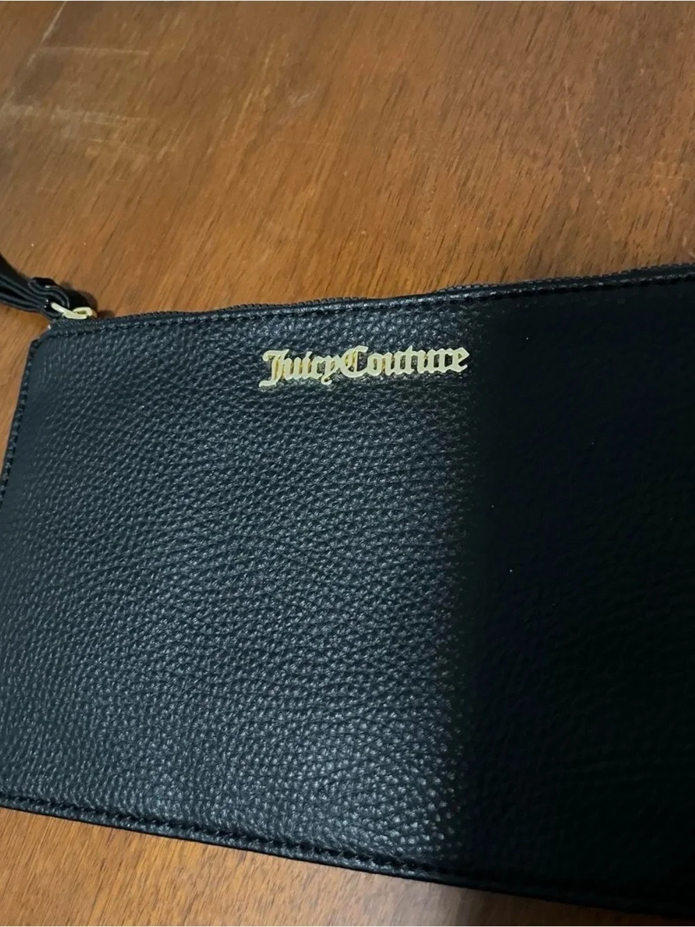Juicy Couture Black Pebbled Leather Wristlet Pouch with Gold Logo